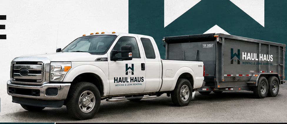 White Ford F-250 towing a gray dump trailer with Haul Haus branding